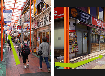 すずらん通りをまっすぐ進み、すずらん通りの出口を左へ曲がります。