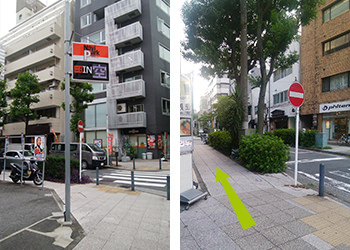 数分歩くと、左側にパーキングエリアと灰色の建物、右にオレンジの建物が見える十字路が出てきますので、そのまま数10メートルほど直進します。