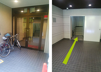 建物の奥側、レンガ作りの飲食店の前にある入口を入り、そのまま階段にて201号室までお越しください。