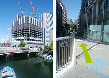 歩道橋を上がると左手に建設中の建物があります。