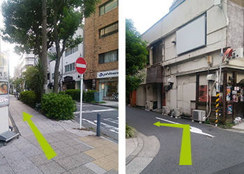 左側の灰色の建物をすぎると、すぐ小道がありますので曲がります。