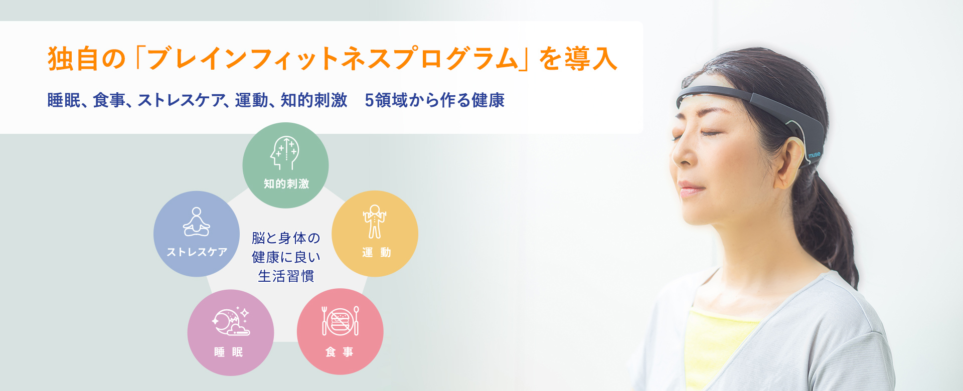ブレインフィットネスプログラム 睡眠、食事、ストレスケア、運動、知的刺激　5領域から作る健康