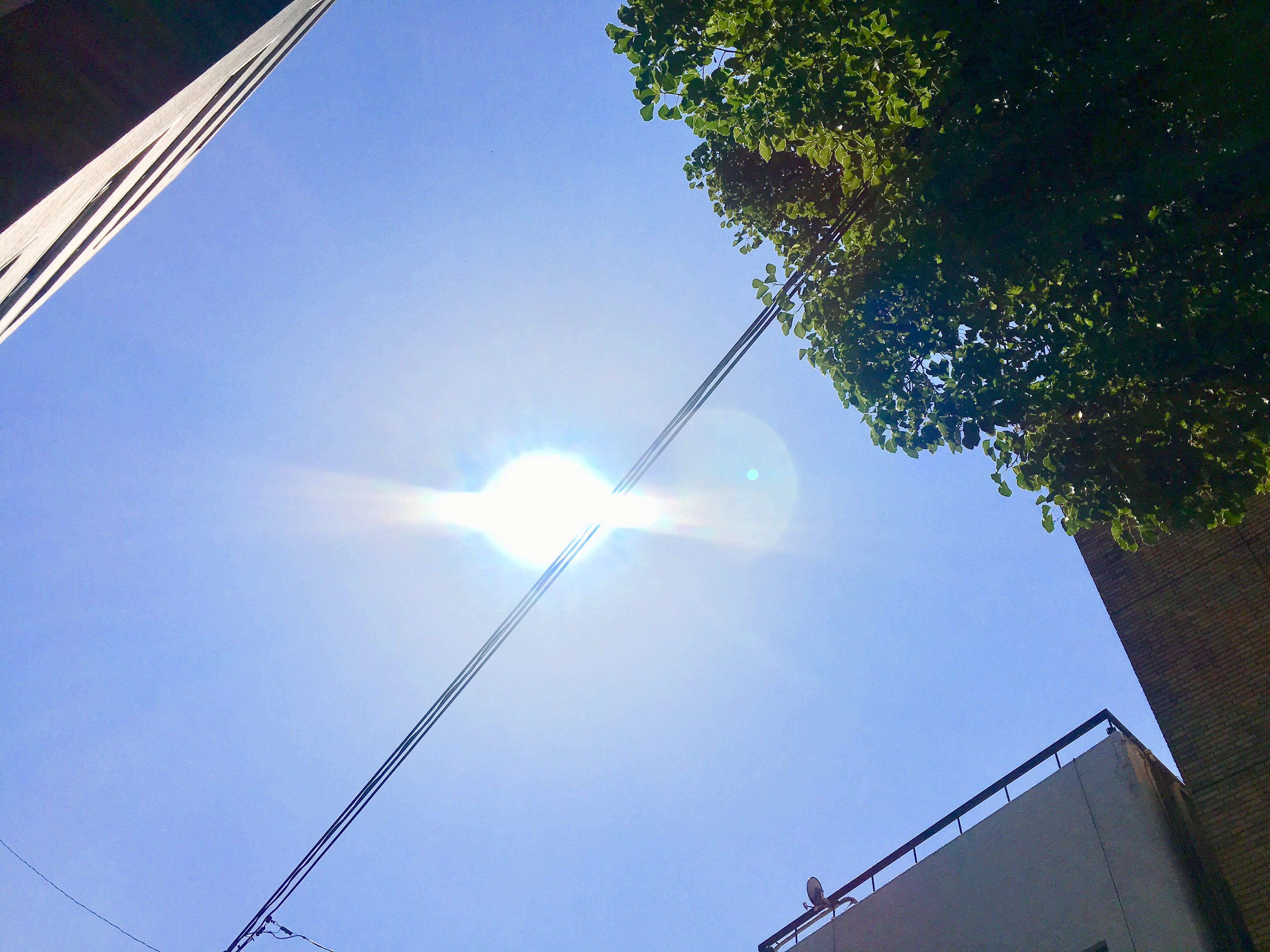 青空と、電線に掛かる日輪